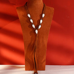 RNS-1014  Rustic Couture's Bohemian Suede Braided Stone Concho Tassel Necklace Y Shape