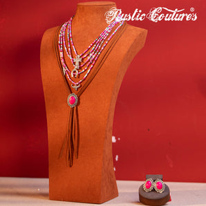 RNS-1023  Rustic Couture's Turquoise Beaded Leather Layered Necklace Western Charms  Earrings Set