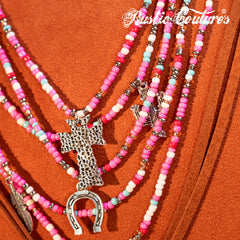 RNS-1023  Rustic Couture's Turquoise Beaded Leather Layered Necklace Western Charms  Earrings Set