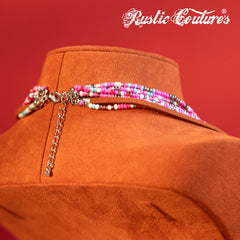 RNS-1023  Rustic Couture's Turquoise Beaded Leather Layered Necklace Western Charms  Earrings Set