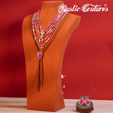 RNS-1023  Rustic Couture's Turquoise Beaded Leather Layered Necklace Western Charms  Earrings Set