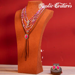 RNS-1023  Rustic Couture's Turquoise Beaded Leather Layered Necklace Western Charms  Earrings Set