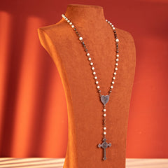 RNS-1026  Rustic Couture's  Beaded Heart Shape Cross  Pendant Necklace