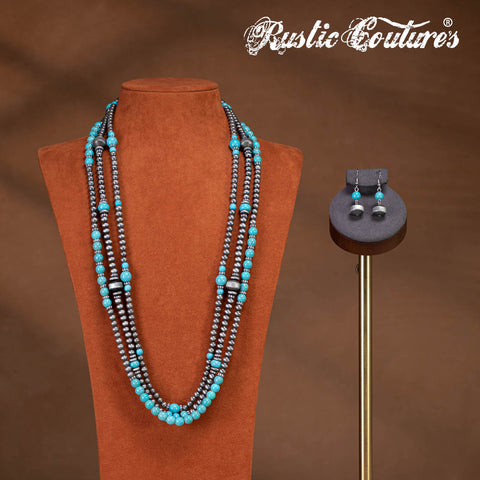RNS-1035  Rustic Couture's  Turquoise Beaded  Layered Necklace Earrings Set