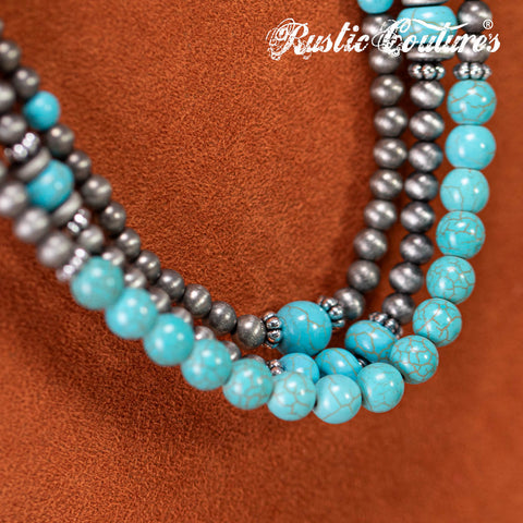 RNS-1035  Rustic Couture's  Turquoise Beaded  Layered Necklace Earrings Set