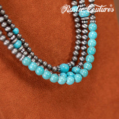RNS-1035  Rustic Couture's  Turquoise Beaded  Layered Necklace Earrings Set