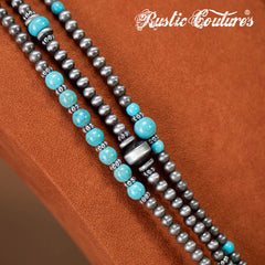 RNS-1035  Rustic Couture's  Turquoise Beaded  Layered Necklace Earrings Set
