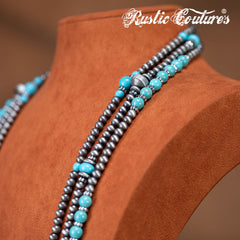 RNS-1035  Rustic Couture's  Turquoise Beaded  Layered Necklace Earrings Set