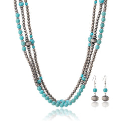 RNS-1035  Rustic Couture's  Turquoise Beaded  Layered Necklace Earrings Set