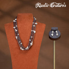 RNS-1037  Rustic Couture's  Layered Beaded Chips Mixed Necklace Earrings Set
