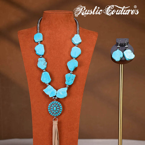 RNS-1041  Rustic Couture's Turquoise Nuggets Beaded Necklace Daisy Pendant Earring Set