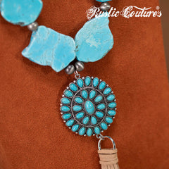 RNS-1041  Rustic Couture's Turquoise Nuggets Beaded Necklace Daisy Pendant Earring Set