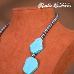 RNS-1041  Rustic Couture's Turquoise Nuggets Beaded Necklace Daisy Pendant Earring Set