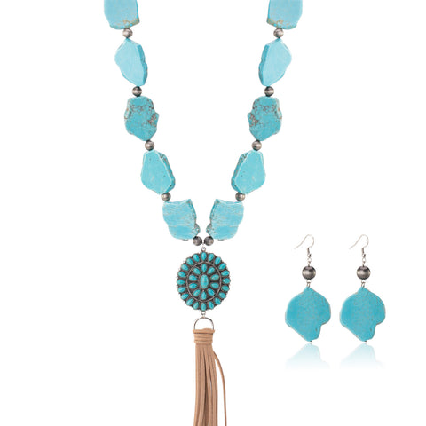 RNS-1041  Rustic Couture's Turquoise Nuggets Beaded Necklace Daisy Pendant Earring Set
