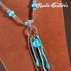 RNS-1043  Rustic Couture's Navajo Beaded Leather Tassels Turquoise/White Stone Necklace Earring Set