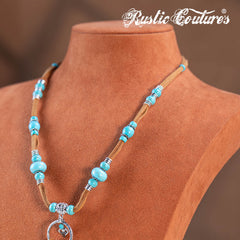 RNS-1043  Rustic Couture's Navajo Beaded Leather Tassels Turquoise/White Stone Necklace Earring Set