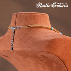 RNS-1043  Rustic Couture's Navajo Beaded Leather Tassels Turquoise/White Stone Necklace Earring Set