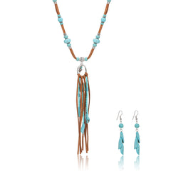 RNS-1043  Rustic Couture's Navajo Beaded Leather Tassels Turquoise/White Stone Necklace Earring Set