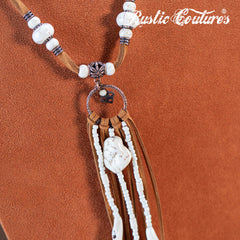 RNS-1043  Rustic Couture's Navajo Beaded Leather Tassels Turquoise/White Stone Necklace Earring Set