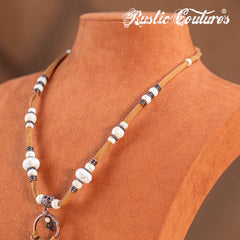 RNS-1043  Rustic Couture's Navajo Beaded Leather Tassels Turquoise/White Stone Necklace Earring Set