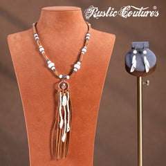 RNS-1043  Rustic Couture's Navajo Beaded Leather Tassels Turquoise/White Stone Necklace Earring Set
