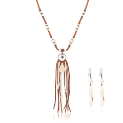 RNS-1043  Rustic Couture's Navajo Beaded Leather Tassels Turquoise/White Stone Necklace Earring Set