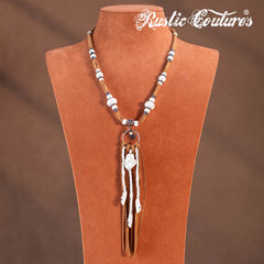 RNS-1043  Rustic Couture's Navajo Beaded Leather Tassels Turquoise/White Stone Necklace Earring Set