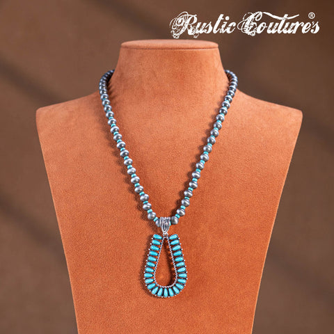 RNS-1044  Rustic Couture's   Beaded Necklace Turquoise Beaded Horse Shoe Pendant Earrings Set