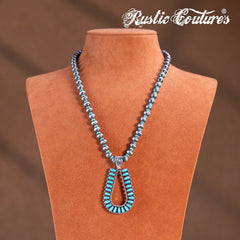 RNS-1044  Rustic Couture's   Beaded Necklace Turquoise Beaded Horse Shoe Pendant Earrings Set
