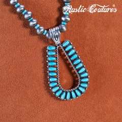 RNS-1044  Rustic Couture's   Beaded Necklace Turquoise Beaded Horse Shoe Pendant Earrings Set