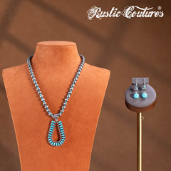 RNS-1044  Rustic Couture's   Beaded Necklace Turquoise Beaded Horse Shoe Pendant Earrings Set