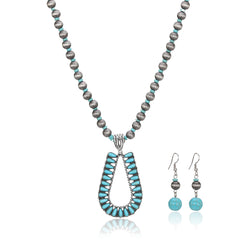 RNS-1044  Rustic Couture's   Beaded Necklace Turquoise Beaded Horse Shoe Pendant Earrings Set