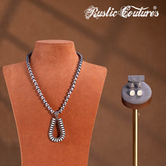 RNS-1044  Rustic Couture's   Beaded Necklace Turquoise Beaded Horse Shoe Pendant Earrings Set