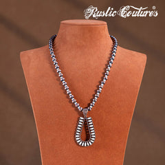 RNS-1044  Rustic Couture's   Beaded Necklace Turquoise Beaded Horse Shoe Pendant Earrings Set