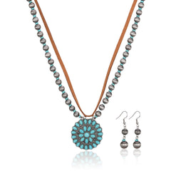 RNS-1045  Rustic Couture's  Layered Beaded Leather Necklace Turquoise Daisy Pendant Earring Set