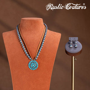 RNS-1045 Rustic Couture's Layered Beaded Leather Necklace Turquoise Daisy Pendant Earring Set