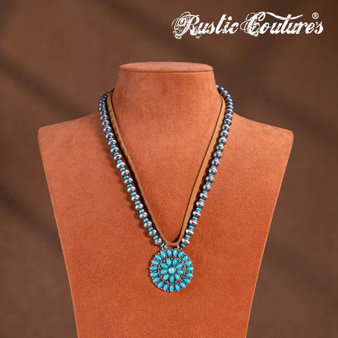 RNS-1045  Rustic Couture's  Layered Beaded Leather Necklace Turquoise Daisy Pendant Earring Set