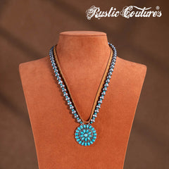 RNS-1045  Rustic Couture's  Layered Beaded Leather Necklace Turquoise Daisy Pendant Earring Set