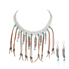 RNS-1049  Rustic Couture's Navajo Beaded Leather Tassels Feather Charms Necklace Earring Set