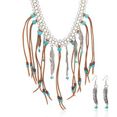 RNS-1049  Rustic Couture's Navajo Beaded Leather Tassels Feather Charms Necklace Earring Set
