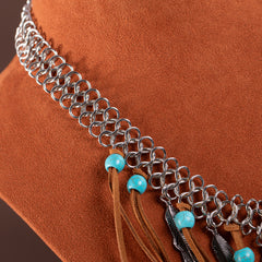 RNS-1049  Rustic Couture's Navajo Beaded Leather Tassels Feather Charms Necklace Earring Set