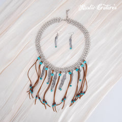 RNS-1049  Rustic Couture's Navajo Beaded Leather Tassels Feather Charms Necklace Earring Set