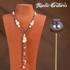 RNS-1052  Rustic Couture's Bohemian Y Shaped Beaded Nougat Necklace With Earing
