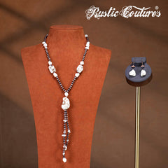 RNS-1052  Rustic Couture's Bohemian Y Shaped Beaded Nougat Necklace With Earing