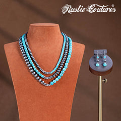 RNS-1057 Rustic Couture's  Layered Beaded Necklace Earrings Set