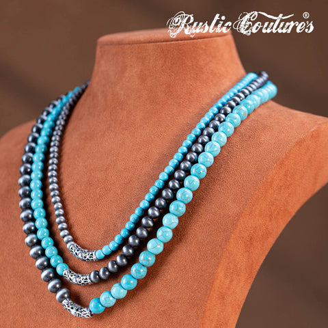 RNS-1057 Rustic Couture's  Layered Beaded Necklace Earrings Set