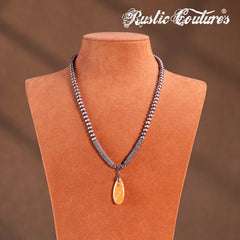 RNS-1058  Rustic Couture's Bohemian Beaded Necklace Stone Pendant