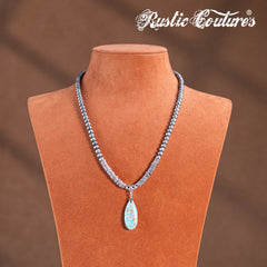 RNS-1058  Rustic Couture's Bohemian Beaded Necklace Stone Pendant