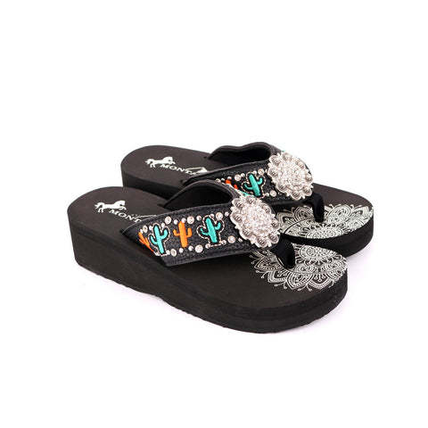 SE103-S001  Mandala Cactus Wedge Flip-Flop By Size- Black