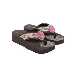 SE108-S096  Mandala Berry Pink Stone Concho Embroidered Wedge Western Flip-Flop By Pairs